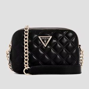 Guess Black Giully Quilted Camera Crossbody Bag with Gold Chain